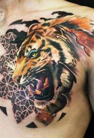 bröstfärg brusande tiger och smycken tatuering mönster