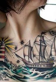 Brust Welle Segelboot Leuchtturm Tattoo Muster