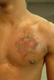 göğüs kırmızı kalp şekli ve taç dövme deseni