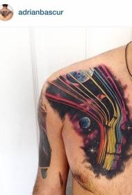 chest color starry sky with female silhouette tattoo pattern