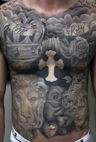 prsa i trbuh velika površina kruna križ ruža tetovaža uzorak