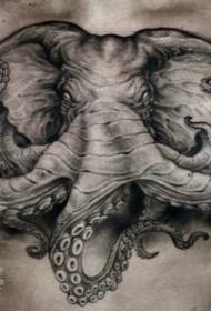胸部黑灰风格大型半象半章鱼纹身图案