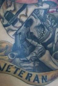 胸部拿枪的骷髅军人纹身图案