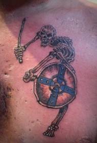 grappig schedel en schild kleur borst tattoo patroon