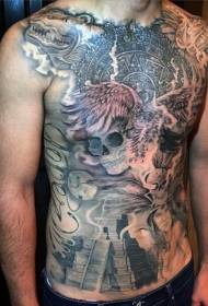 disegno del tatuaggio a tema tribale Maya sul petto e sull'addome