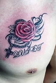 Férfi mellkas kereszt Rózsa angol tetoválás mintával