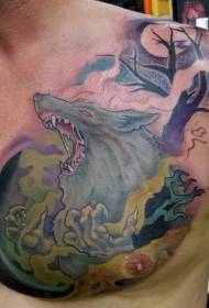 Werewolf uye Gloomy Utsi hweMuti Chest Tattoo Pattern