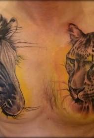 тема за животински свят на цветна леопардова глава и зебра татуировка на гърдите