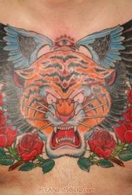 chest tiger head wings and rose tattoo pattern