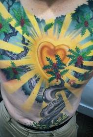 padrão de tatuagem em forma de coração e planta de luz dourada em forma de peito