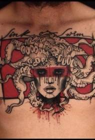 krūtinės spalvos moters portretas ir aštuonkojo galvos tatuiruotės modelis