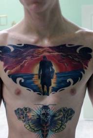 poitrine homme mystérieux et motif de tatouage multicolore au coucher du soleil