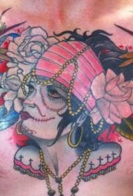 old school borst kleur zigeunervrouw bloem en vogel tattoo patroon