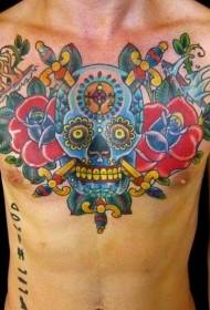 old school stijl schedel kleur Mexico borst tattoo
