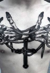 胸部骷髅手绳子和十字架纹身图案