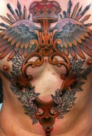 hrudník nádherný barevný rám s křídly a Crown tetování vzorem