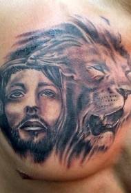 Mirinda portreto de Jesuo kaj leono brusto tatuaje ŝablono