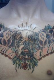 modello di tatuaggio petto di lettere di fiori e cane