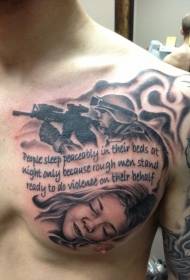 Ang sundalo sa dughan nanalipod sa natulog nga sumbanan sa tattoo sa bata