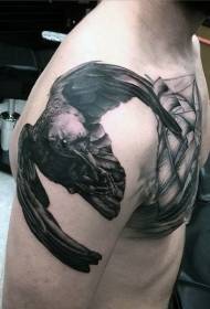 disegno del tatuaggio della nuova scuola spalla e petto corvo e barca a vela