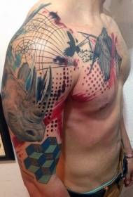 Geometría de color al estilo de América con diseños de tatuajes de águilas y rinocerontes