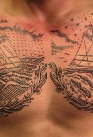 két vitorlás tengeri mellkasi tetoválás minta