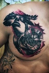 retrato feminino colorido de estilo moderno de peito com padrão de tatuagem de corvo e relógio