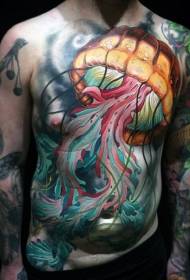 krūtīs un vēderā maģiski krāsots medūzas tetovējums