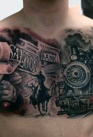 modello di tatuaggio retrò ritratto di treno occidentale color petto