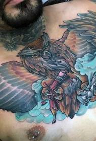 modello tatuaggio petto gufo new school color
