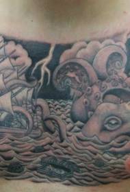 Göğüs deniz yelkenli ve ahtapot yıldırım dövme deseni