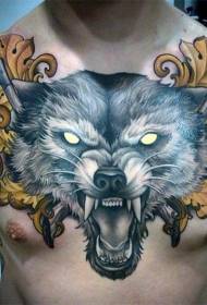 new school fel geschilderd wolf hoofd en bijl tattoo patroon
