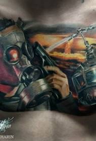 wzór tatuażu helikopter wojskowy w kolorze klatki piersiowej i maska gazowa