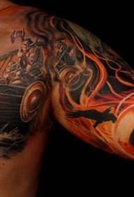 pół cudowny wzór tatuażu statku pirackiego i wojownika