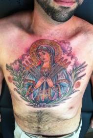 rinnassa uskonnollinen teema värillisestä naisesta lehtiä tatuointikuviolla