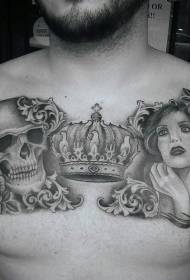 petto nero Ritratto di donna grigia e motivo tatuaggio corona