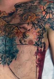 krūtinės paslaptingas spalvingas geometrinis tatuiruotės raštas