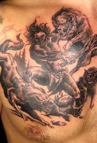 胸部憤怒的戰士和狼戰鬥紋身圖案