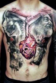 portrét vedca na hrudi s farebným vzorom tetovania srdca