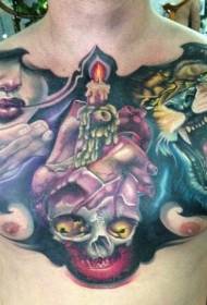 chest good looking roaring lion and mysterious womanskull Tattoo pattern
