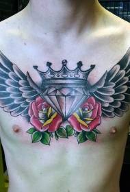 diamond rose with crown and feather wings chest tattoo pattern