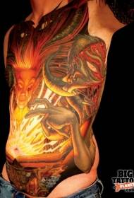 Abdomen Mysterious Color Witch met Demon Monster Tattoo Pattern