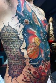 chest painted space planet and side ribs English alphabet tattoo pattern