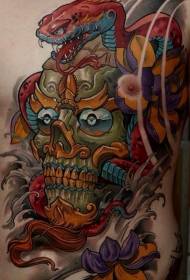Mellkas és has illusztráció stílusú színes titokzatos démon maszk és a kígyó tetoválás mintát