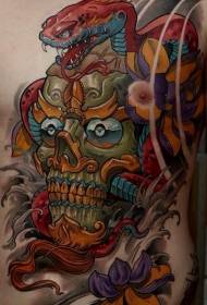 Chest and Abdomen illustration style color mysterious demon mask and snake tattoo pattern