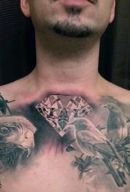 borst wilde vogels met realistische diamanten tattoo patroon