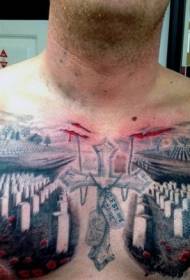 piept pictat cimitir militar cruce și model de tatuaje de flori