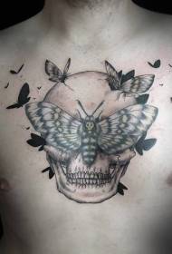 蝶の入れ墨のパターンを持つ胸楽しい色の頭蓋骨