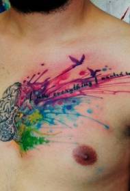 pettu colourful splash brain and letter Bird Pattern Tattoo
