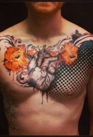 petto cuore umano realistico con motivo floreale colorato tatuaggio